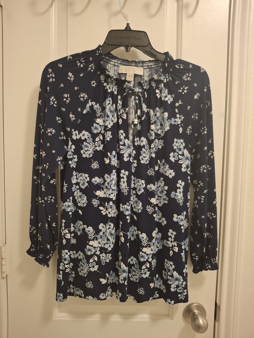 Lightweight Navy Blue Floral Tie-Neck Blouse
